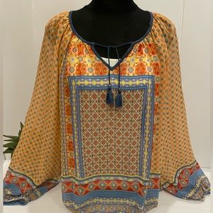 NWT 🌟New Directions Print Sheer/ Chambry L/S Top /Blouse Women’s Size XL